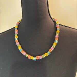 Boho Ceramic Square Bead Stretch Necklace – Multicolor Vintage Style